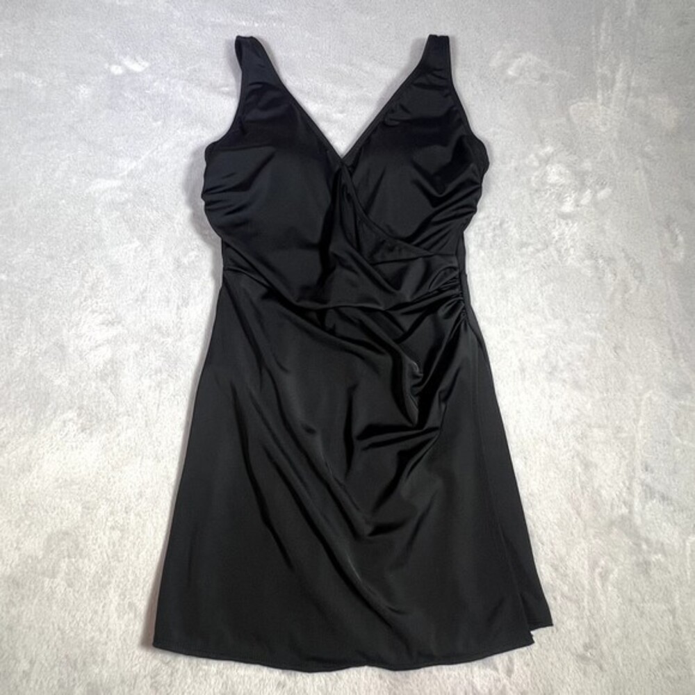 D&Co Beach Swimsuit Womens 4 Black One Piece Ruched V Neck Swim Dress Summer